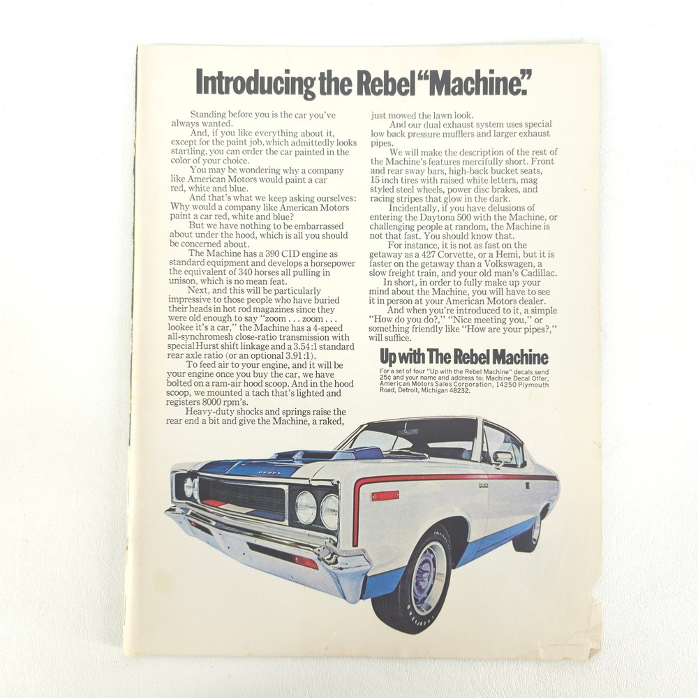 AMC Rebel Machine Vintage Print Ad Muscle Car Advertising Mancave Decor Garage